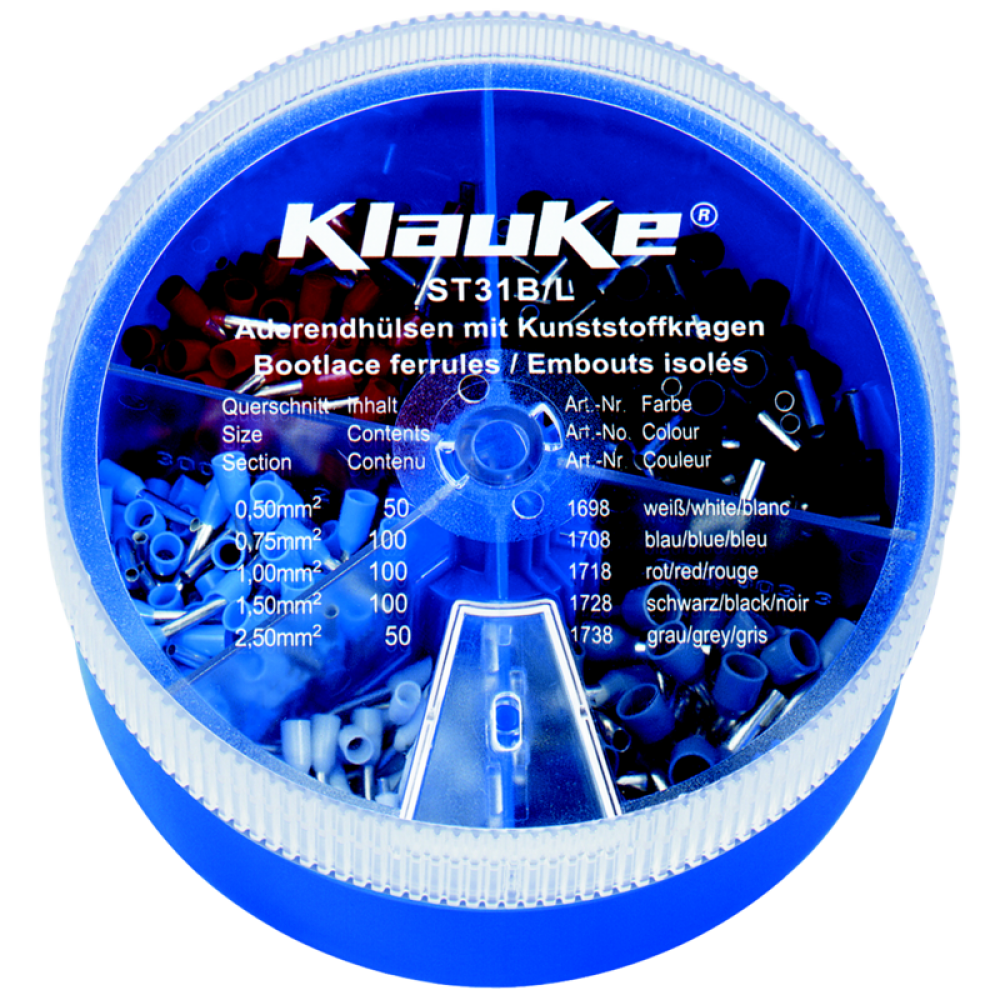 Набор изолированных втулочных кабельных наконечников KLAUKE ST31B, DIN 46228, 0,5–2,5 мм2