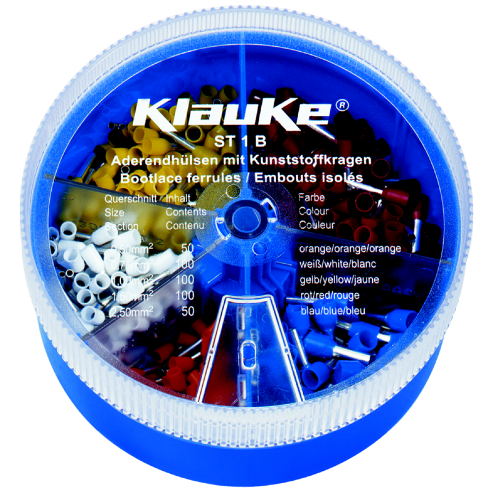 Набор изолированных втулочных кабельных наконечников KLAUKE ST1B, DIN 46228, 0,5–2,5 мм2